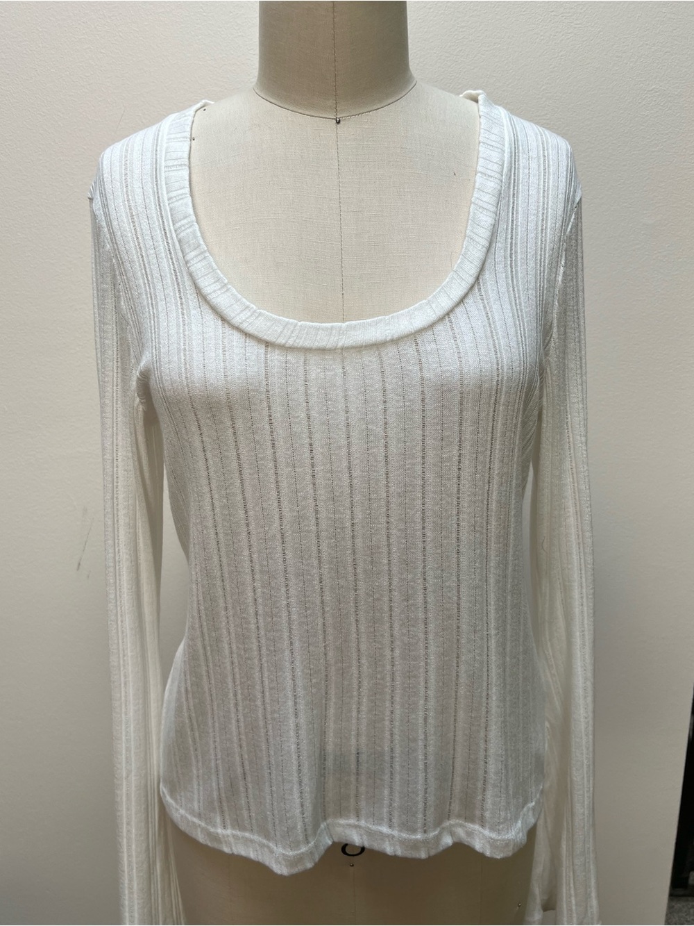 Anthropologie White Ribbed Scoop Neck Long Sleeve Top Size L